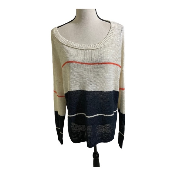 360 Sweater knit round neckline long sleeve stripe colors. Has flaw size small - Picture 1 of 13